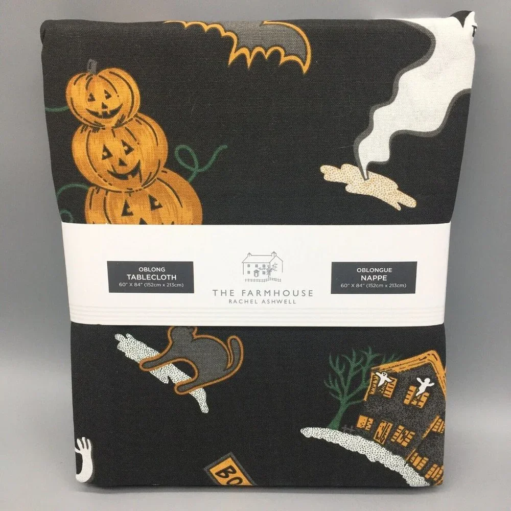 Rachel Ashwell Halloween Black Tablecloth Haunted House Pumpkin Cat 60x84